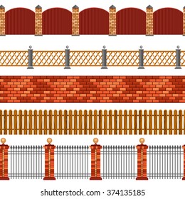 Vector illustration of horizontal seamless set of flat isolated fences and borders on white background