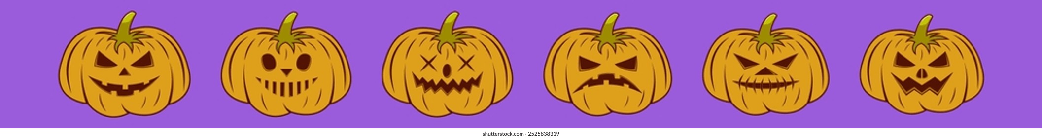 Vector illustration horizontal set of six HALLOWEEN PUMPKINS on purple background. Halloween decor element. Evil orange pumpkin heads. Retro print for typography