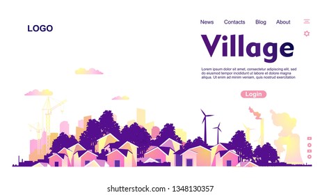 Vector illustration of a horizontal, a small town, town or village on the banner for the Internet user page on a white background