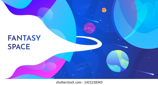  Ilustración vectorial. Fondo de espacio horizontal con forma abstracta y planetas. Diseño Web. Exploración espacial. 