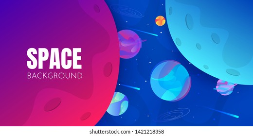 Vector illustration. Horizontal space background with abstract shape and planets. Web design. Space exploring. 