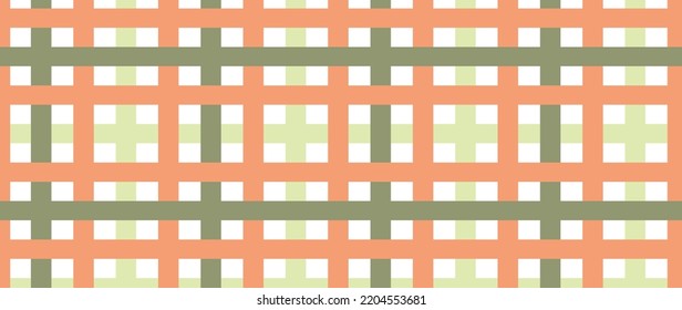 Ilustración vectorial. Líneas horizontales y verticales de color verde y naranja cálido. Imitación de manta, mantel o cubrecama. Patrón sin foco. Idóneo como papel pintado, decoración o estampado de tela.