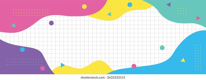 Vector illustration horizontal wavy colorful frames on transparent checked background. Yellow purple pink green blue geometric shapes. Color cartoon childish design style. Image funny summer hot sale