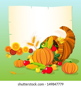 Vector illustration of horn of plenty. Thanksgiving day background. 