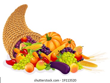 Vector illustration - Horn of Plenty with  vegetables and fruits