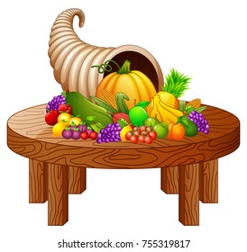 Vector illustration of Horn of plenty with vegetables and fruits on round wooden table