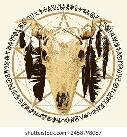 Vector illustration with a horned cow or bull skull with bird feathers, pentagram, occult and witchcraft signs. The symbol of Satanism Baphomet and magic runes written in a circle