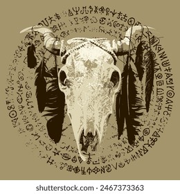 Vector illustration with a horned cow or bull skull with crow feathers, pentagram, occult and witchcraft signs. The symbol of Satanism Baphomet and magic runes written in a circle