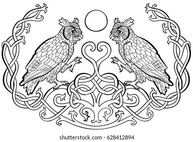 Vector illustration of horned owls in love Celtic ornament black and white ( symbol of wisdom, mystery and intelligence)