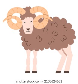 Vector illustration of a horned ram in a flat style, isolated on a white background.
