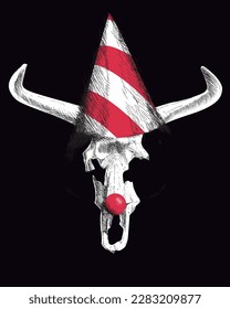 vector illustration of a horned skeleton with a clown hat and nose on a dark background.