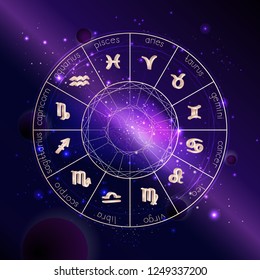 Vector illustration of Horoscope circle with 3D Zodiac signs against the space background with planets, stars and geometry pattern. 3D symbols in gold colors.