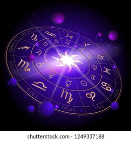 Vector illustration of Horoscope circle in perspective, Zodiac signs and pictograms astrology planets against the space background with planets, stars and geometry pattern. In gold and purple colors.