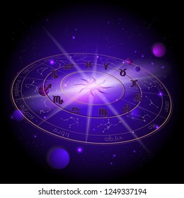 Vector illustration of Horoscope circle in perspective, 3D Zodiac signs and pictograms astrology planets against the space background with planets. In gold and purple colors.
