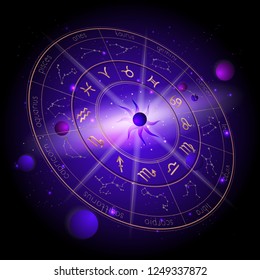 Vector illustration of Horoscope circle in perspective, Zodiac signs and astrology constellations against the space background with planets, stars and geometry pattern Sun. In gold and purple colors.