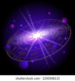 Ilustración vectorial del círculo Horoscopio en perspectiva, signos zodiacos y pictogramas astrología planetas en el fondo espacial con planetas, estrellas y patrón geométrico Sol. Color dorado y púrpura.