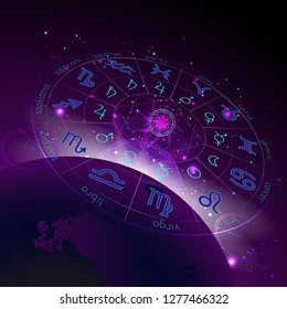 Vector illustration of Horoscope circle in perspective, Zodiac signs and pictograms astrology planets against the space background with sunrise and geometry pattern. In blue and purple colors.