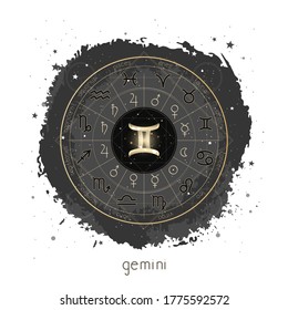 Vector illustration with Horoscope circle, pictograms astrology planets, Zodiac signs and constellation Gemini on a grunge background with geometry pattern. Image in gold and black color.