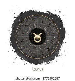 Vector illustration with Horoscope circle, pictograms astrology planets, Zodiac signs and constellation Taurus on a grunge background with geometry pattern. Image in gold and black color.