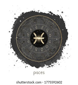 Vector illustration with Horoscope circle, pictograms astrology planets, Zodiac signs and constellation Pisces on a grunge background with geometry pattern. Image in gold and black color.