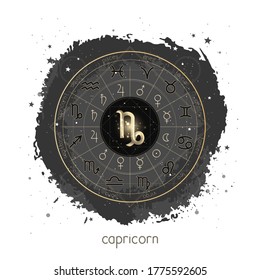 Vector illustration with Horoscope circle, pictograms astrology planets, Zodiac signs and constellation Capricorn on a grunge background with geometry pattern. Image in gold and black color.