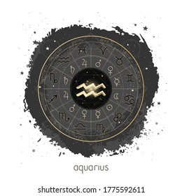 Vector illustration with Horoscope circle, pictograms astrology planets, Zodiac signs and constellation Aquarius on a grunge background with geometry pattern. Image in gold and black color.