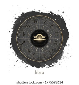 Vector illustration with Horoscope circle, pictograms astrology planets, Zodiac signs and constellation Libra on a grunge background with geometry pattern. Image in gold and black color.