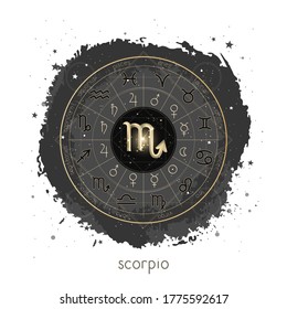 Vector illustration with Horoscope circle, pictograms astrology planets, Zodiac signs and constellation Scorpio on a grunge background with geometry pattern. Image in gold and black color.