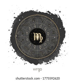 Vector illustration with Horoscope circle, pictograms astrology planets, Zodiac signs and constellation Virgo on a grunge background with geometry pattern. Image in gold and black color.
