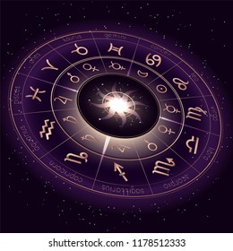 Vector illustration with Horoscope circle, Zodiac symbols and pictograms astrology planets on the starry night sky background with geometry pattern. Image in perspective. Vector.