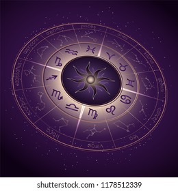 Vector illustration with Horoscope circle, Zodiac symbols and astrology constellations on the starry night sky background. Image in perspective. Gold and purple elements. Vector.