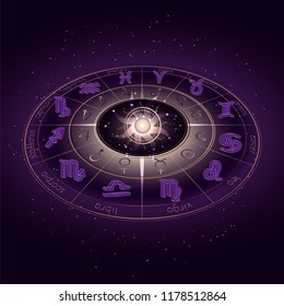Vector illustration with Horoscope circle, Zodiac symbols and pictograms astrology planets on the starry night sky background. 3D Effect. Image in perspective. Gold and purple el