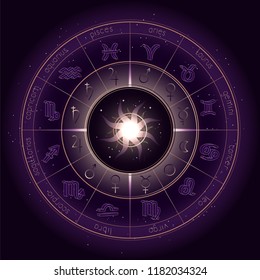 Vector illustration with Horoscope circle, Zodiac symbols and pictograms astrology planets on the starry night sky background with geometry pattern. Gold and purple elements. Vector.