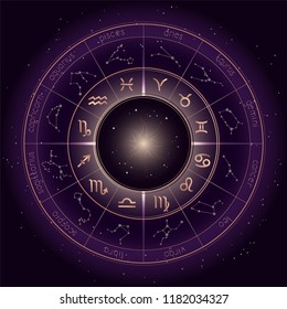 Vector illustration with Horoscope circle, Zodiac symbols and astrology constellations on the starry night sky background with geometry pattern. Gold and purple elements. Vector.