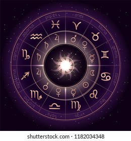 Vector illustration with Horoscope circle, Zodiac symbols and pictograms astrology planets on the starry night sky background with geometry pattern. Gold and purple elements. Vector.