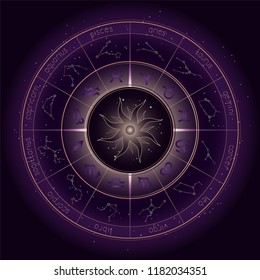 Vector illustration with Horoscope circle, Zodiac symbols and astrology constellations on the starry night sky background with geometry pattern. Gold and purple elements. Vector.