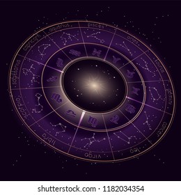 Vector illustration with Horoscope circle, Zodiac symbols and astrology constellations on the starry night sky background with geometry pattern. Image in perspective. Gold and purple elements. Vector.