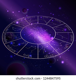 Vector illustration of Horoscope circle with Zodiac constellations against the space background with planets, stars and geometry pattern. 3D symbols in gold colors. In perspective.