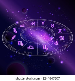 Vector illustration of Horoscope circle with Zodiac signs against the space background with planets, stars and geometry pattern. 3D symbols in purple colors. In perspective.