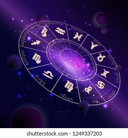 Vector illustration of Horoscope circle with Zodiac signs against the space background with planets, stars and geometry pattern. 3D symbols in gold colors. In perspective.