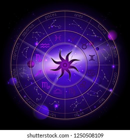 Vektorgrafik des Horoskop-Kreises, Zodiakzeichen und Astrologie-Konstellationen auf dem Weltraumhintergrund mit Planeten, Sternen und Geometrie-Muster Sonne. In Gold und violett Farben.