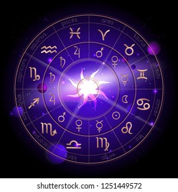 Vector illustration of Horoscope circle, Zodiac signs and pictograms astrology planets against the space background with planets, stars and geometry pattern Sun. In gold and purple colors.