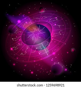 Vector illustration of Horoscope circle with Zodiac signs against the space background with planets, stars. Sacred symbols in red and purple colors. In perspective.