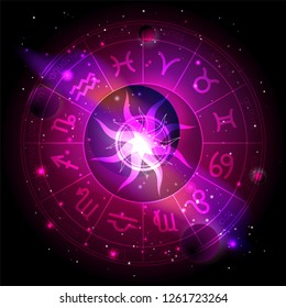 Vector illustration of Horoscope circle with Zodiac signs against the space background with planets, stars and geometry pattern Sun. Sacred symbols in red and purple colors.