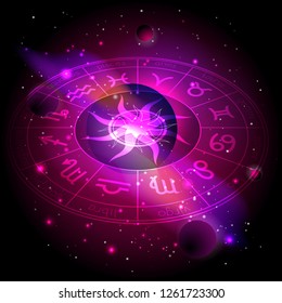 Vector illustration of Horoscope circle with Zodiac signs against the space background with planets, stars and geometry pattern Sun. Sacred symbols in red and purple colors. In perspective.