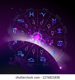 Vector illustration of Horoscope circle, Zodiac signs and pictograms astrology planets against the space background with sunrise and geometry pattern. In blue and purple colors.