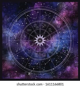 Vector illustration with Horoscope circle, Zodiac symbols and astrology constellations on the starry night sky background with geometry pattern. Gold and pur