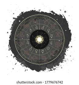 Vector illustration with Horoscope circle, Zodiac signs and pictograms astrology planets on a grunge background with Sun. Image in yellow and black color.