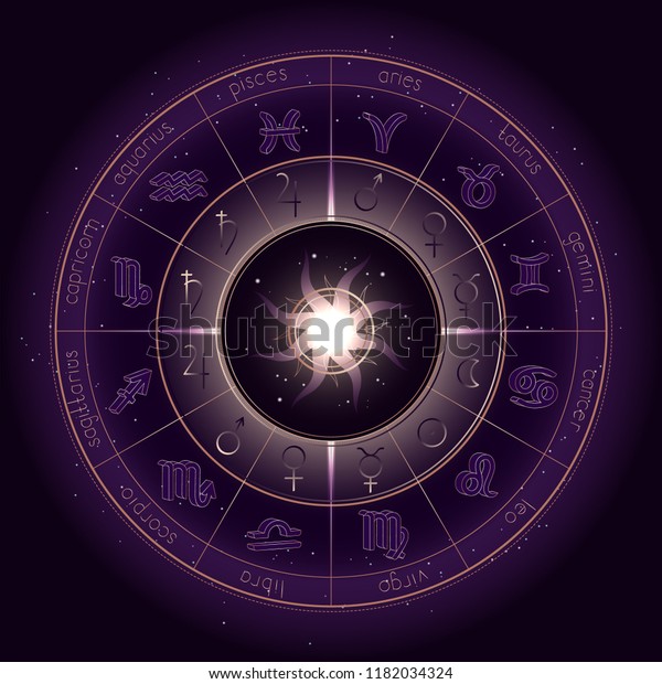星の夜空の背景に星占い円 星座の記号 絵文字の星占い惑星と幾何学模様のベクターイラスト 金と紫のエレメント ベクター画像 のベクター画像素材 ロイヤリティフリー