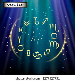 Vector illustration of horoscope signs of the zodiac circle against the sky and stars at night, illustration of predictions and predictions of fate
